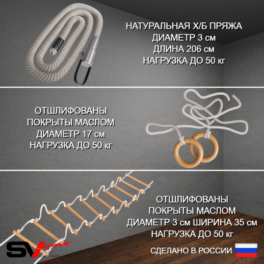 Шведская стенка Sv Pro 801 (Турник Pro/Канат/Кольца/Лестница)