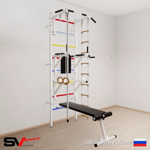 Шведская стенка Sv Sport усиленная 608 (Турник стандарт/Брусья/Стойка/Скамья/Канат/Кольца/Лестница)